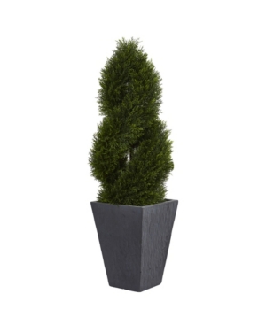 Nearly Natural 4' Cypress Double Spiral Topiary Artificial Tree In Slate Planter Uv Resistant In Green