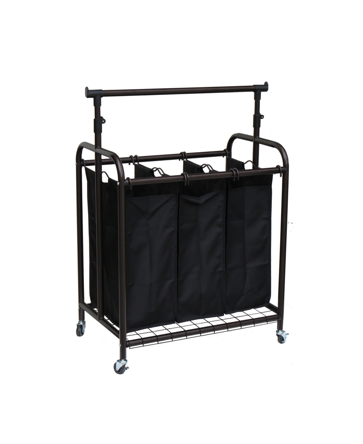 3-Bag Rolling Laundry Sorter with Adjustable Hanging Bar - Bronze