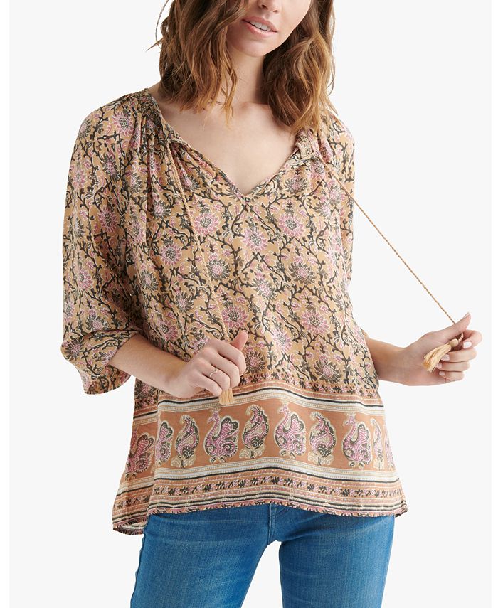 Lucky Brand Printed Peasant Top - Macy's