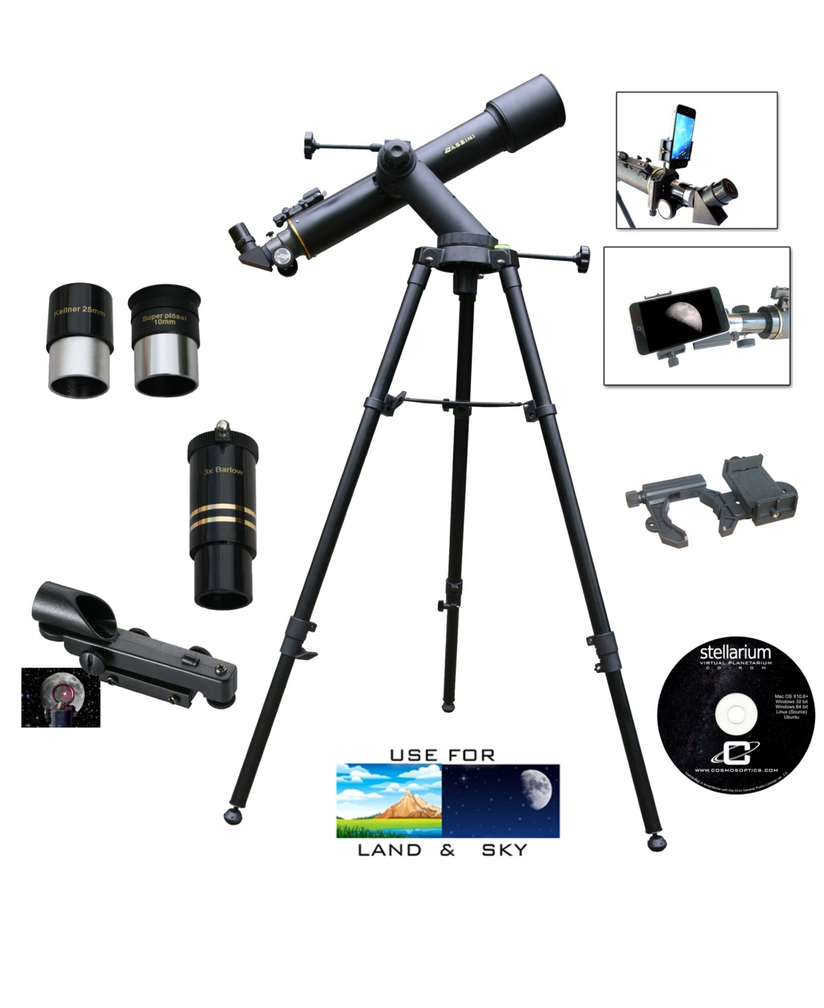 Cosmo Brands Cassini 600mm X 90mm Day And Night Tracker Mount Telescope And Smartphone Adapter In Black