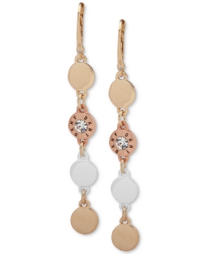 image of Dkny Tri-Tone Crystal & Logo Disc Linear Large Drop Earrings, Created for Macy-s
