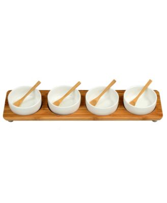 Bamboo Divided Serving Platter with 4 Bowls and 4 Bamboo Spoons
