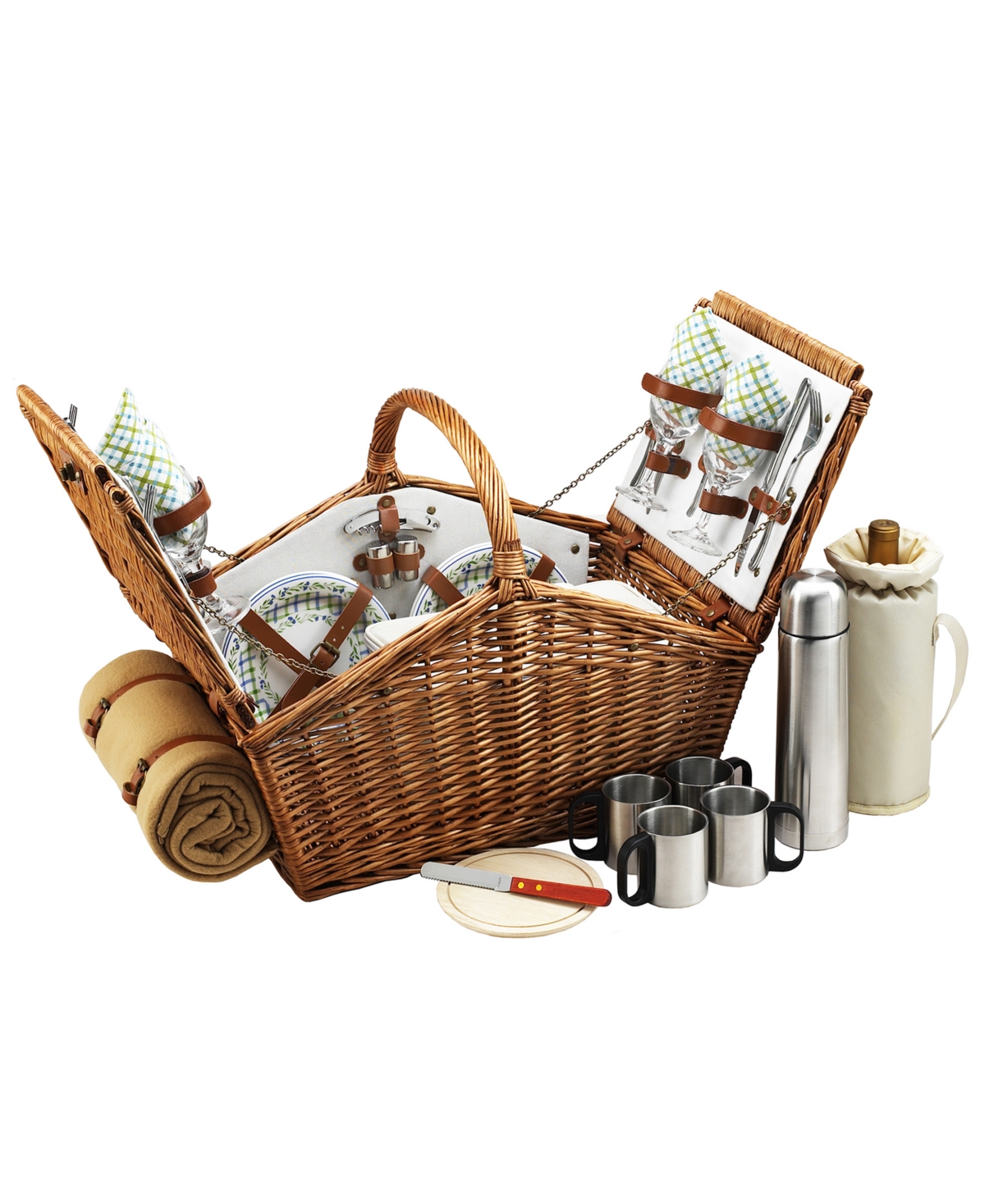 Huntsman English-Style Picnic, Coffee Basket for 4 with Blanket - Jade