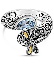 Sweet Dragonfly Classic Sterling Silver Ring embellished by 18K Gold Accents on 4 strips of Dragonfly's Wings and Blue Topaz