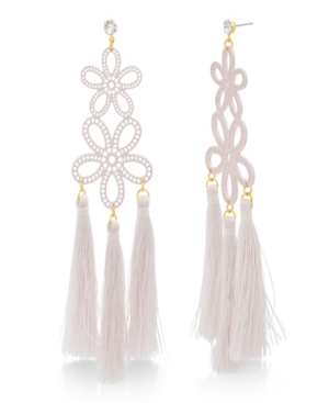 image of Catherine Malandrino Women-s Casted Pink Flower Design Yellow Gold-Tone Dangling Tassel Earrings