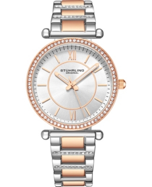 Stuhrling Women's Quartz Crystal Studded Rose Gold-tone Link Bracelet Watch 36mm In White