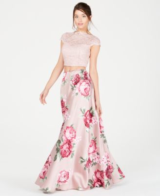 City Studios - Juniors' Short-Sleeve Lace Top & Floral Skirt