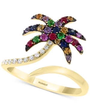 image of Effy Multi-Sapphire (1/2 ct. t.w.) and Diamond (1/10 ct. t.w.) Palm Tree Ring in 14K Gold