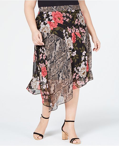 INC International Concepts I.N.C. Plus Size MixPrint Floral Midi Skirt