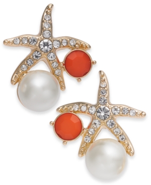 image of Charter Club Gold-Tone Crystal and Imitation Pearl Starfish Earrings, Created for Macy-s