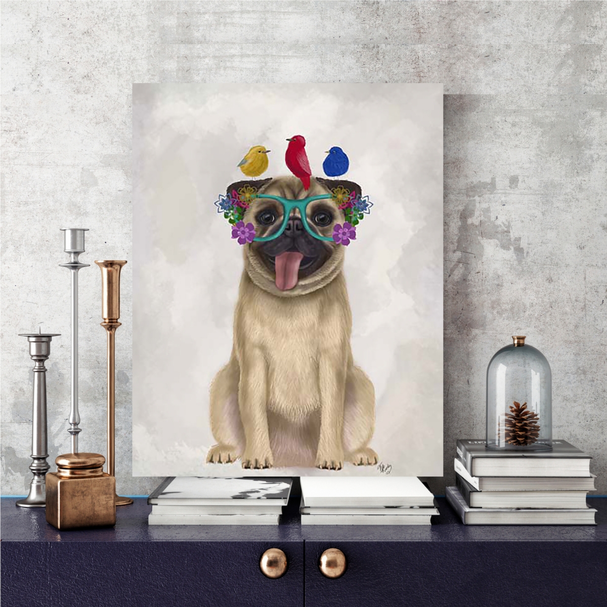 Courtside Market Pug and Flower Glasses Gallery-Wrapped Canvas Wall Art -