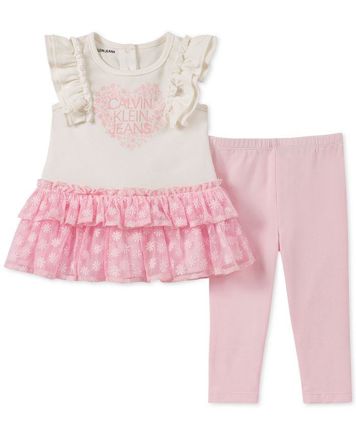 Calvin Klein Baby Girls 2-Pc. Ruffled Mesh Tunic & Leggings Set - Macy's