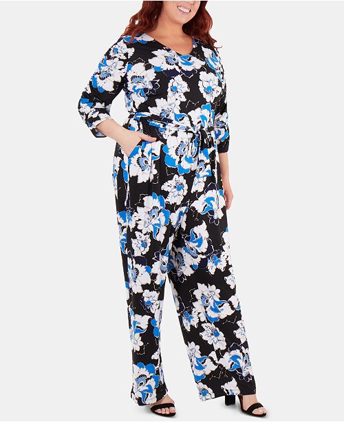 NY Collection Plus Size FloralPrinted Belted Jumpsuit & Reviews