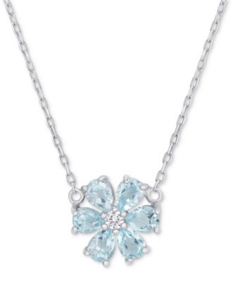 Graduated Blossom Stone Lariat Necklace White Dark Blue and Sky Blue Topaz / Sterling Silver / 18 Inches