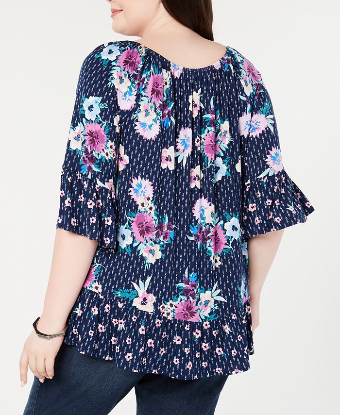 Style & Co Plus Size Mixed Print Ruffled Sleeve Swing Off The Shoulder Top main image 0