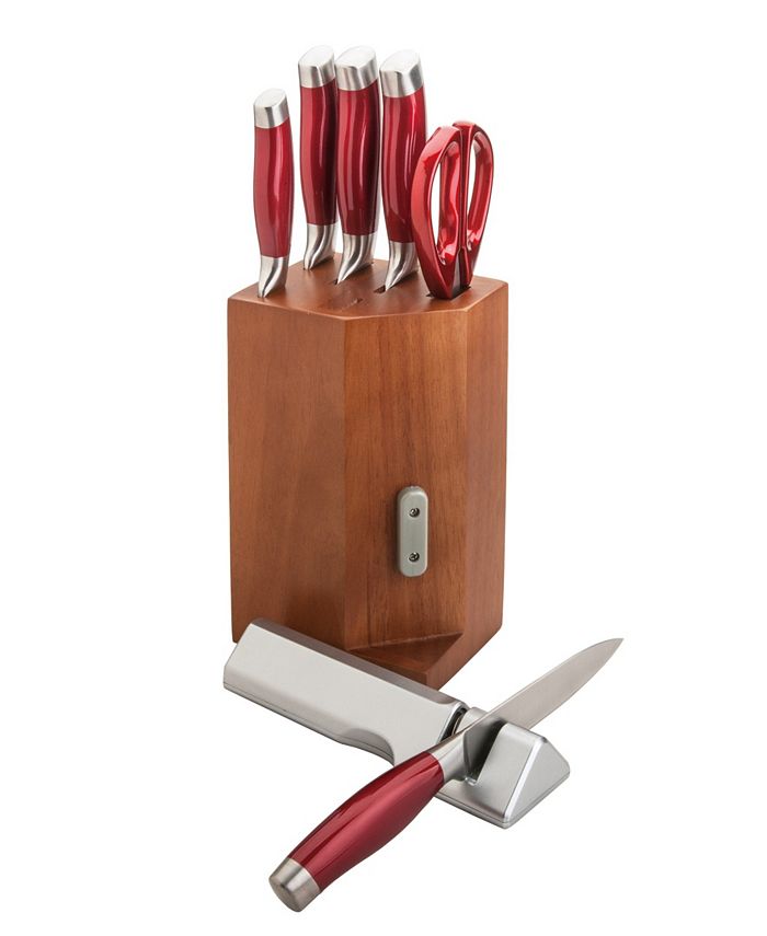 New England Cutlery 7 Piece Stainless Steel Cutlery Set with Detachable Knife Sharpener - Red