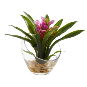 Nearly Natural 8" Tropical Bromeliad In Angled Vase Artificial Arrangement In Purple
