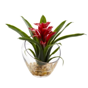 Nearly Natural 8" Tropical Bromeliad In Angled Vase Artificial Arrangement In Red