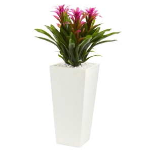 Nearly Natural Triple Bromeliad Artificial Plant In White Tower Planter In Purple