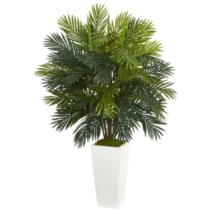 Nearly Natural 45" Areca Palm Artificial Plant In White Tower Planter In Green
