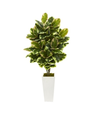 Nearly Natural Variegated Rubber Leaf Artificial Plant In White Tower Vase In Green