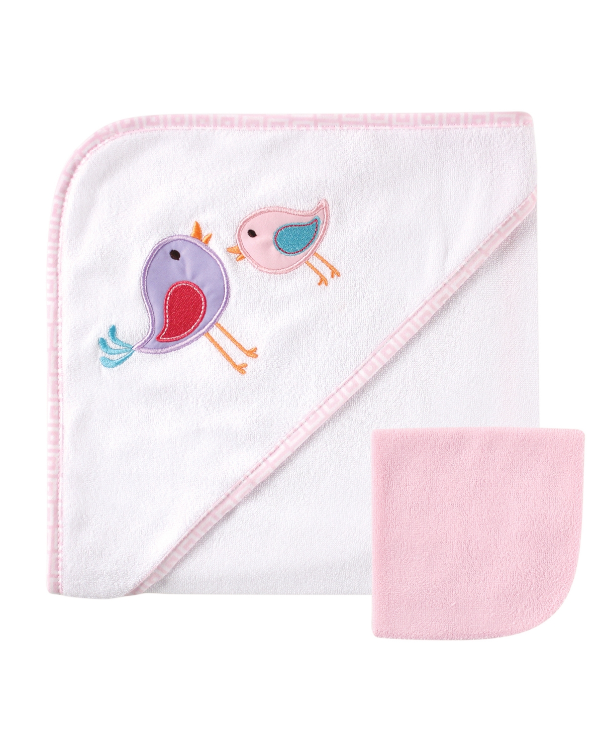 Luvable Friends Hooded Towel with Washcloths, Pink Birds, One Size