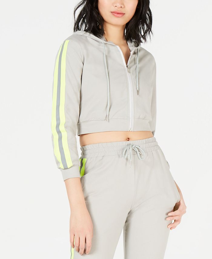 Waisted Reflective Trim Cropped Zip Up Hoodie Macy s