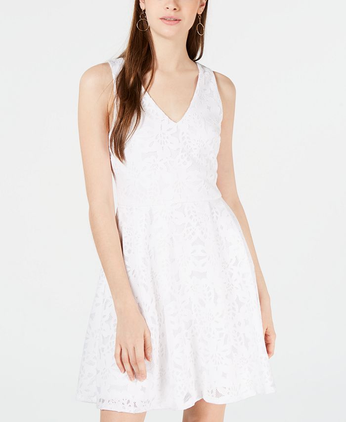 Crystal Doll Juniors' Laser Cut Lace Fit & Flare Dress - Macy's