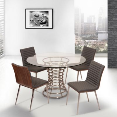 Caf&eacute; Brushed Stainless Steel Dining Chair in Gray Artificial leather with Walnut Back - Set of 2