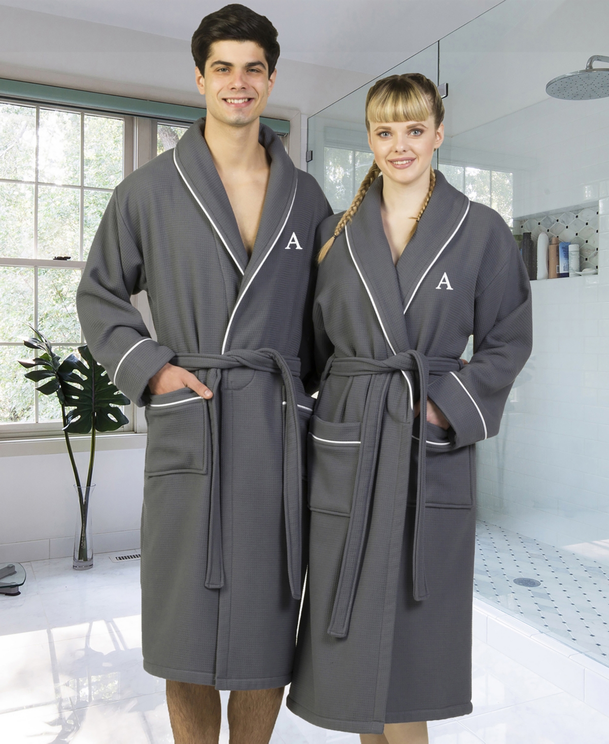 Linum Home Personalized 100% Turkish Cotton Waffle Terry Bathrobe with Satin Piped Trim - Dark Gray Bedding