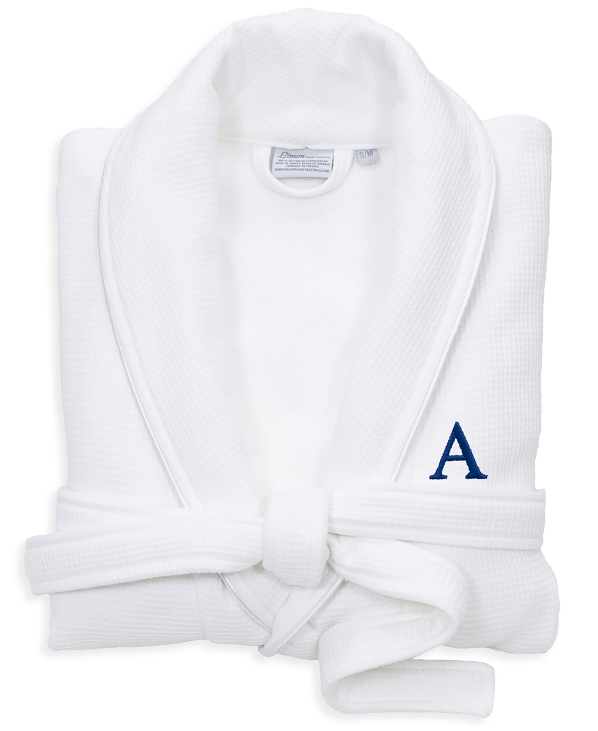 Linum Home Personalized 100% Turkish Cotton Waffle Terry Bathrobe with Satin Piped Trim - White Bedding