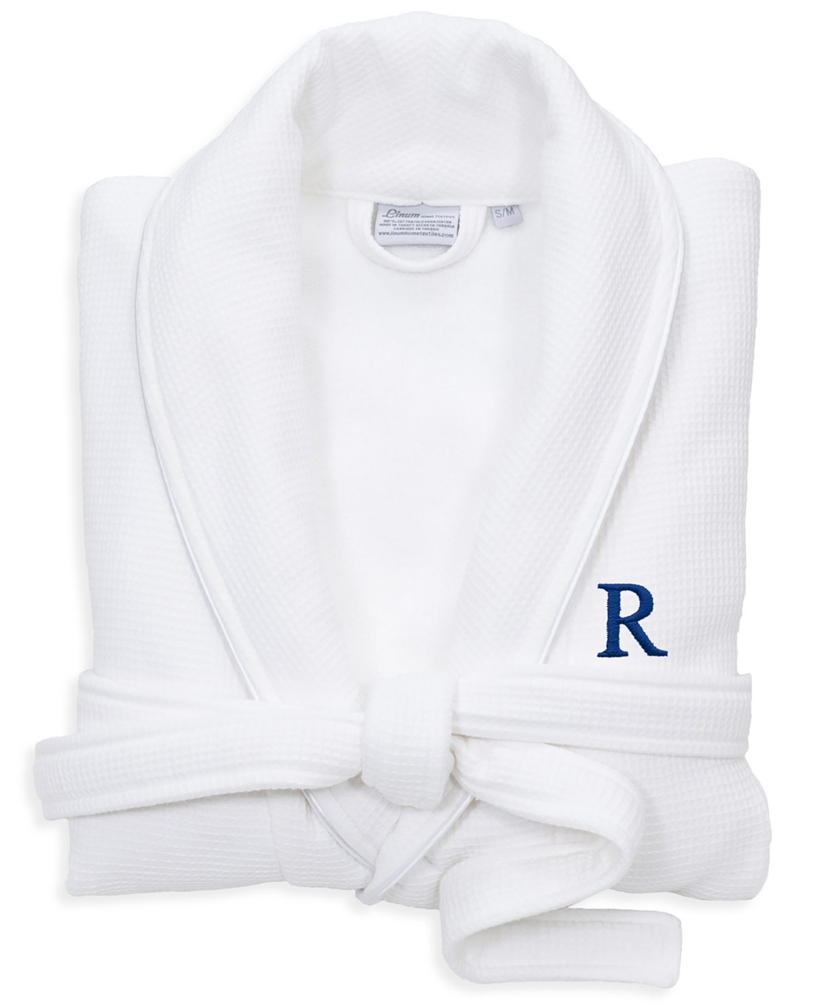 Personalized 100% Turkish Cotton Waffle Terry Bathrobe with Satin Piped Trim - White - Z