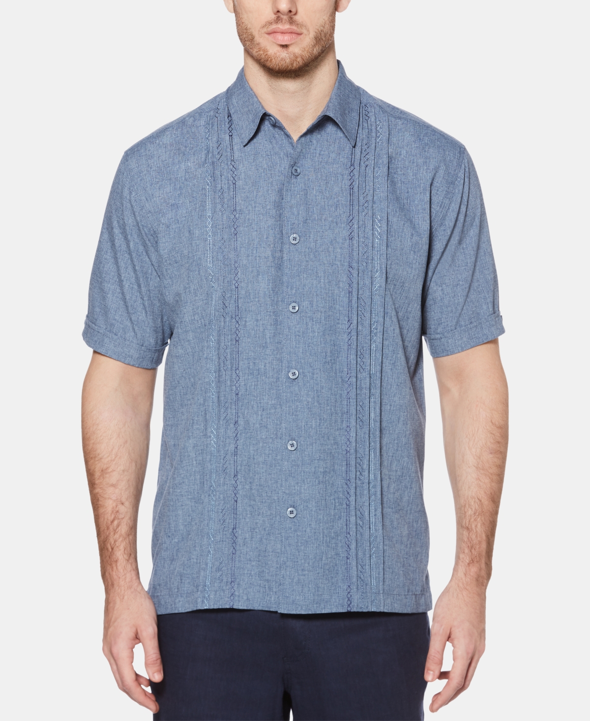 Men's Geo Embroidered Panel Chambray Shirt - Delphinium Blue