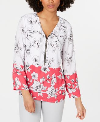 Alfani - Petite Printed Zip-Front Top