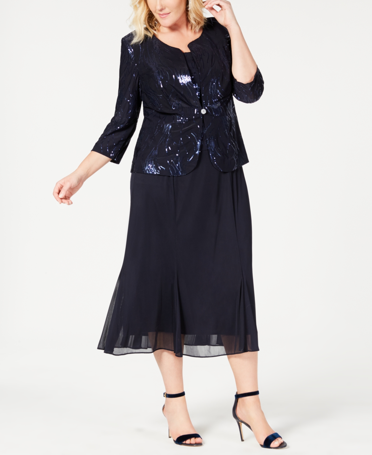 Plus Size Sequined Chiffon Dress and Jacket - Navy