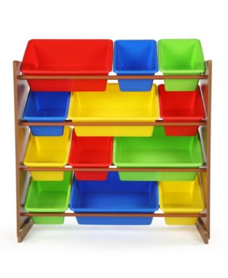 wooden toy storage with plastic bins