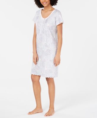 Miss Elaine - Tuck-Front Lace-Trim Printed Knit Nightgown