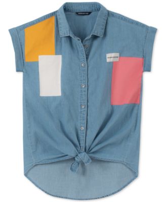 Calvin Klein - Big Girls Cotton Block-Print Chambray Shirt