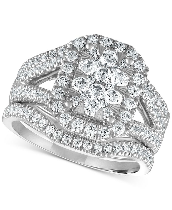 Macy's Diamond Cluster 3-Piece Bridal Set (1-1/2 ct. t.w.) in 14k White ...