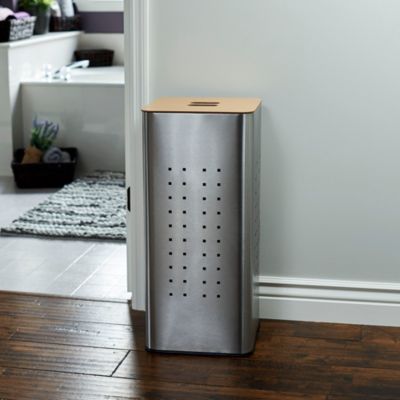 Square Metal Hamper with Engineered Wooden Lid, Stainless Steel
