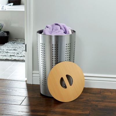 Round Metal Hamper with Engineered Wooden Lid, Stainless Steel
