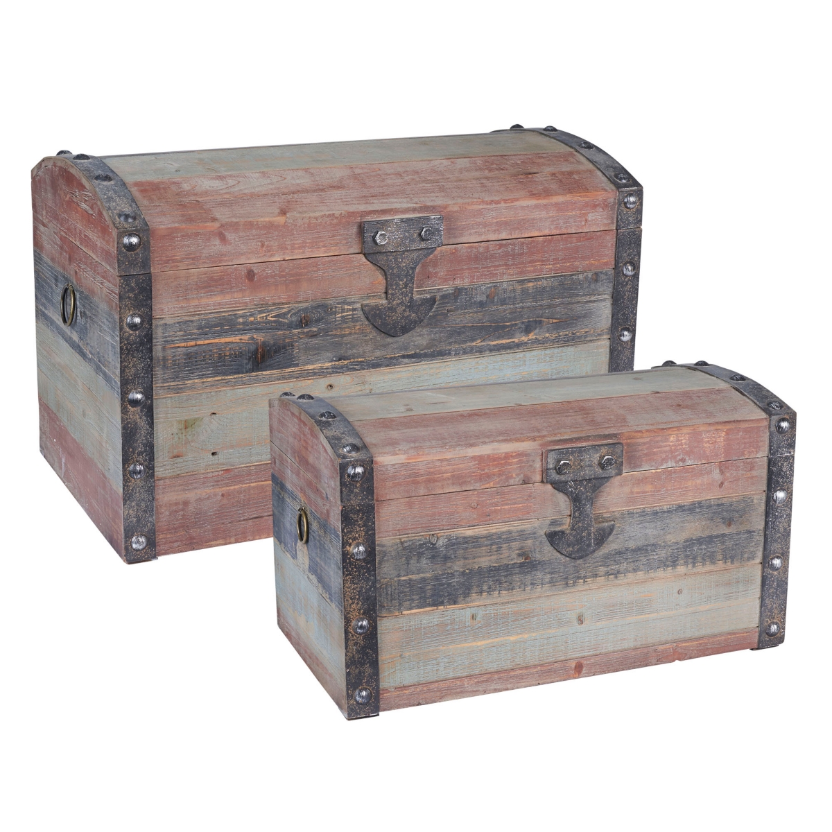 Household Essentials Set Of 2 Weathered Wooden Storage Trunks In Weathered Red,black,blue