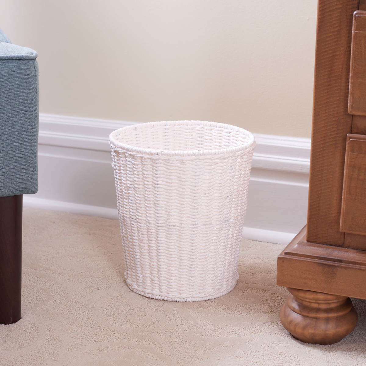 Paper Rope Wicker Waste Bin - White