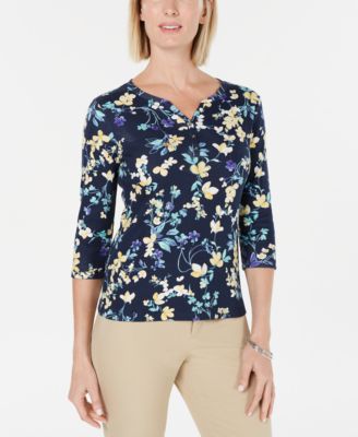 Karen Scott Womens Cotton Henley Shirt Dark Blue Size Petite Small 1