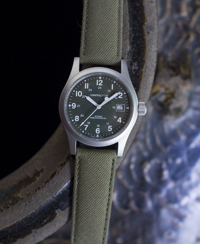 Hamilton Watch, Men's Swiss Mechanical Officer Green Canvas Strap 38mm ...