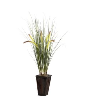 Nearly Natural Grass W/ Cattails And Bamboo Planter In Green