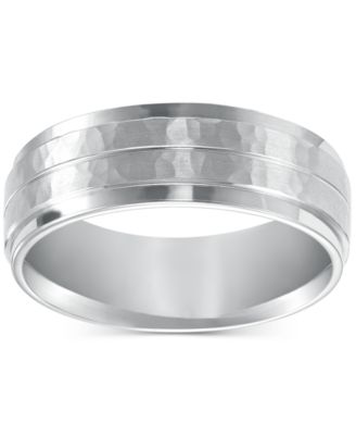 Men's Hammered and Brush Finish Wedding Band in 14k White Gold