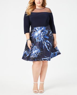R & M Richards - Plus Size Floral-Print Illusion Fit & Flare Dress