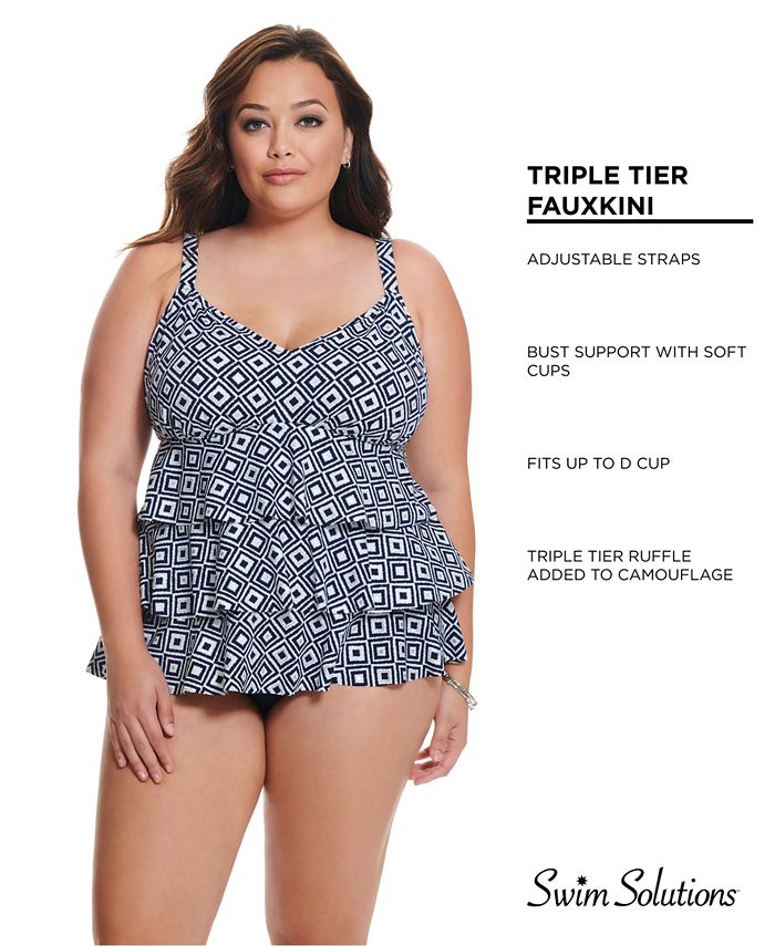 Swim Solutions Plus Size MetallicPrint Tiered Tankini, Created for