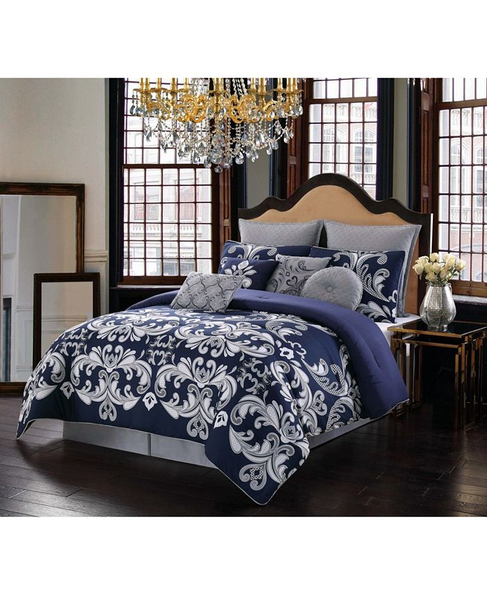 Style 212 Dolce Queen 10 Piece, Navy Blue Queen Bed Set